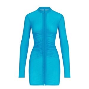 NTW Skims/ Mesh cover up long sleeve ruched dress - Blue Turquoise